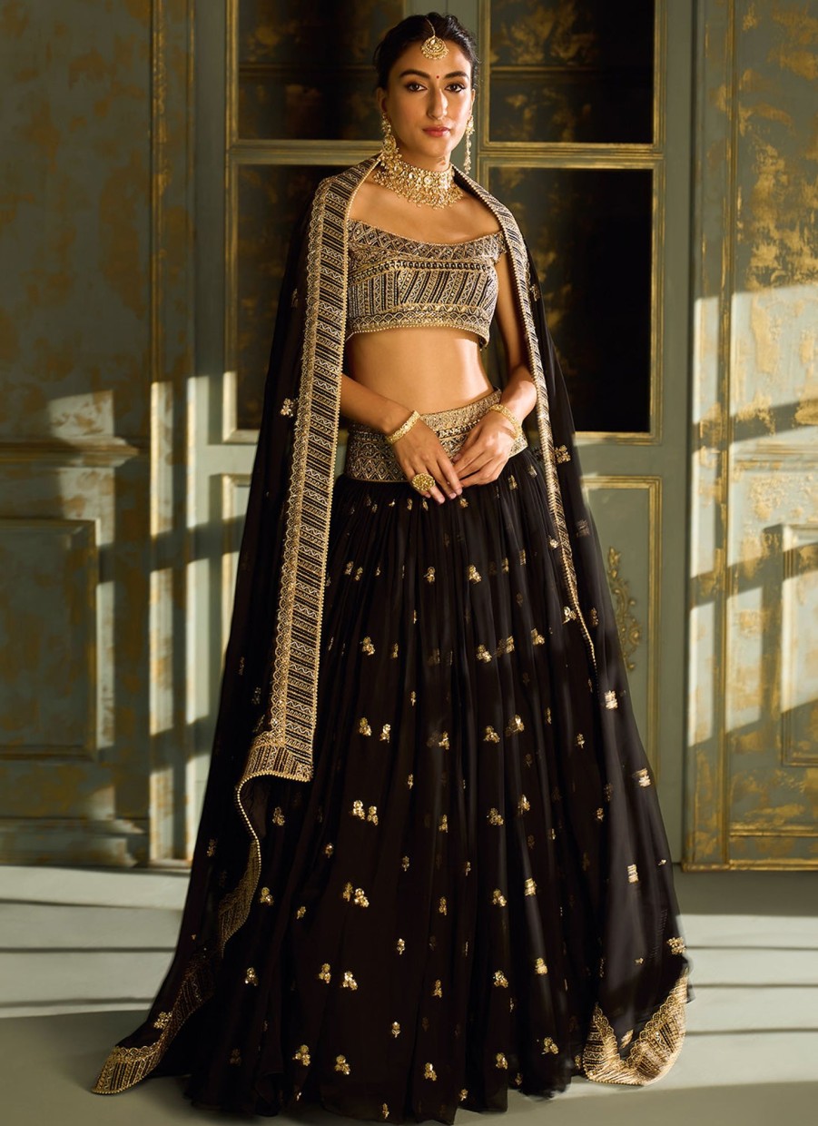 Women Lashkaraa | Black Off Shoulder Embroidered Lehenga