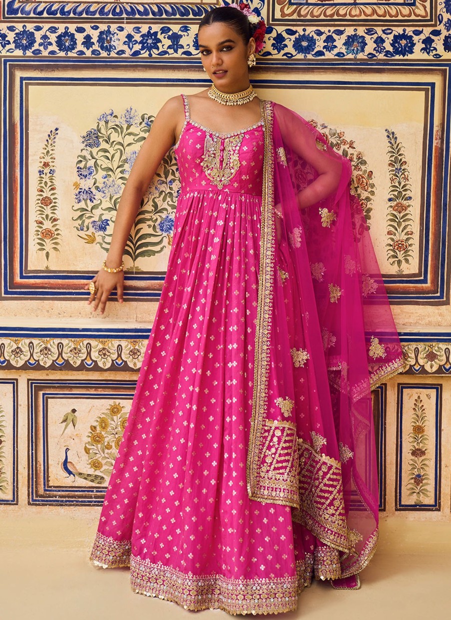 Women Lashkaraa | Hot Pink Hand Embroidered Brocade Anarkali