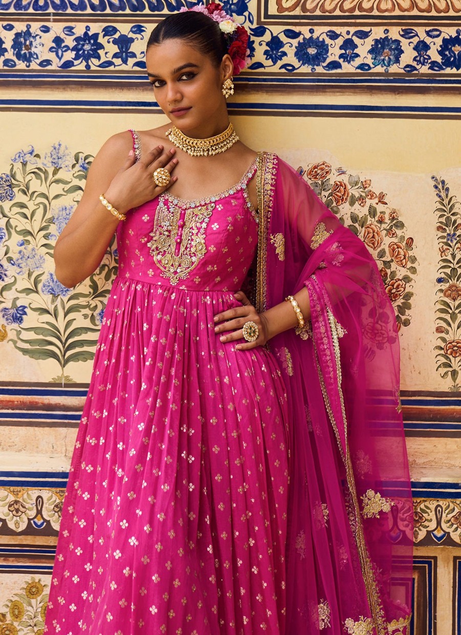 Women Lashkaraa | Hot Pink Hand Embroidered Brocade Anarkali