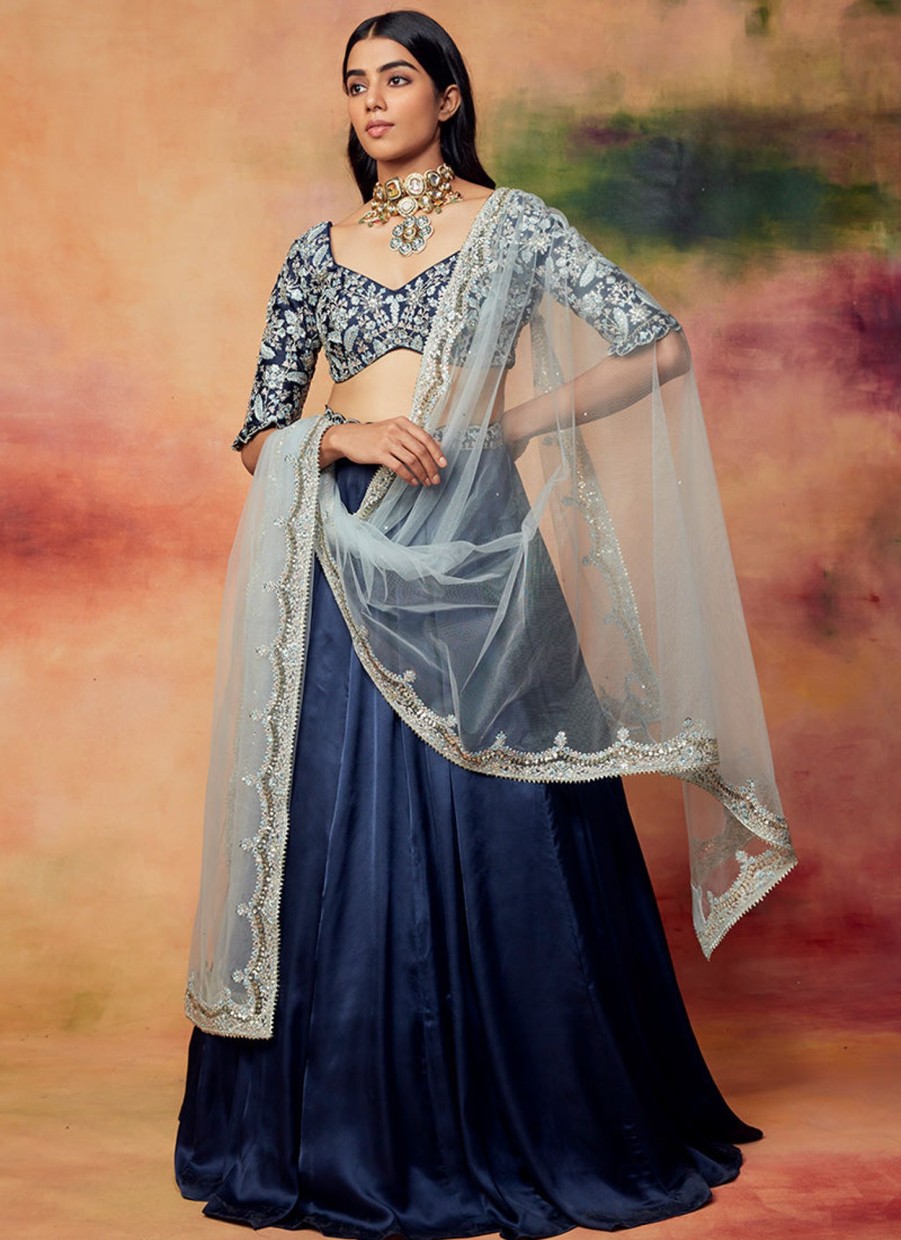 Women Lashkaraa | Navy Blue Embroidered Satin Lehenga