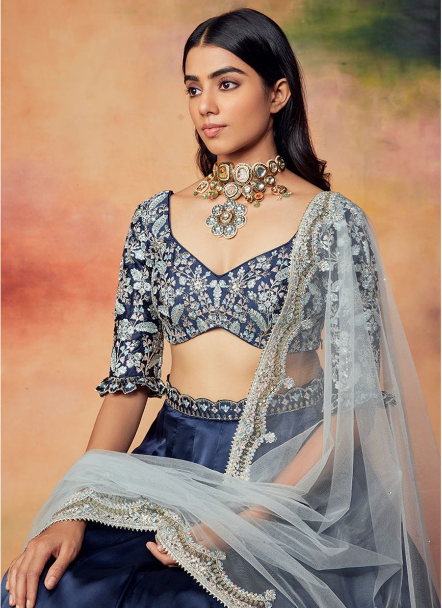 Women Lashkaraa | Navy Blue Embroidered Satin Lehenga