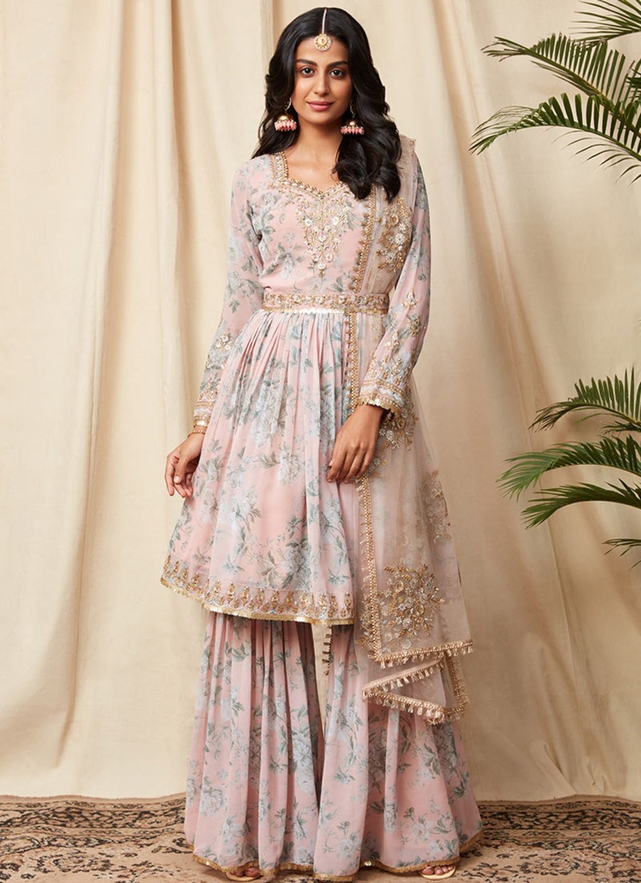 Women Lashkaraa | Dusty Peach Floral Georgette Gharara Suit