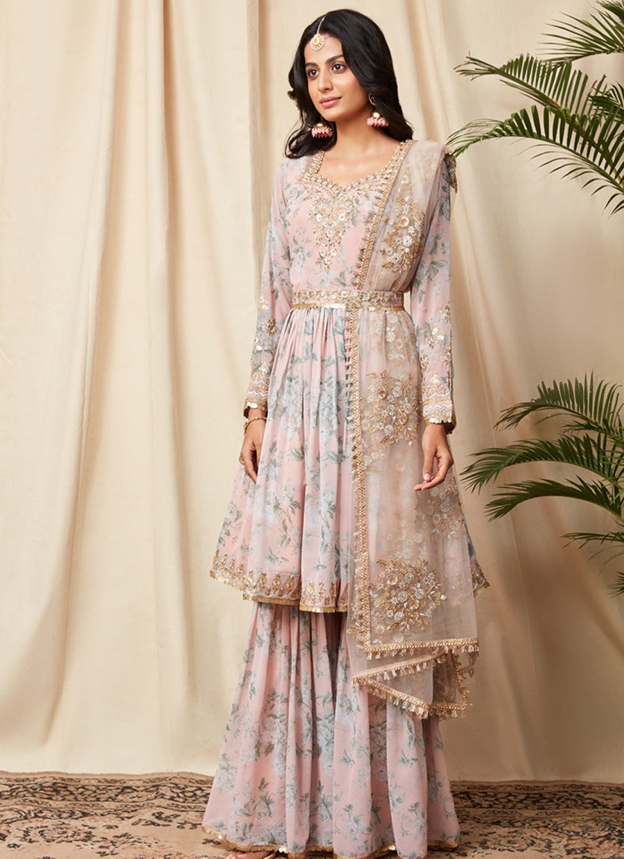 Women Lashkaraa | Dusty Peach Floral Georgette Gharara Suit