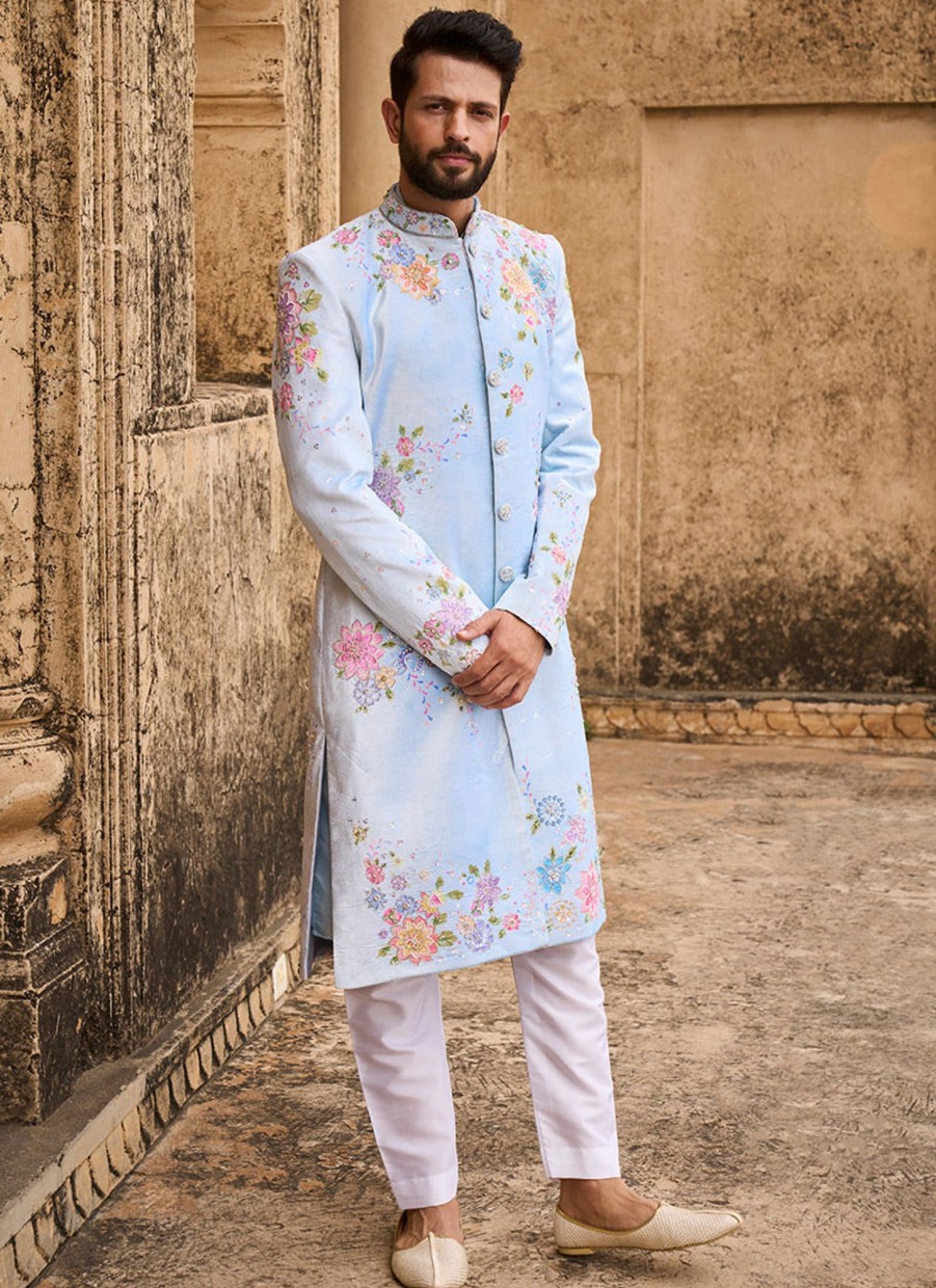 Men Lashkaraa | Light Blue Hand Embroidered Velvet Sherwani