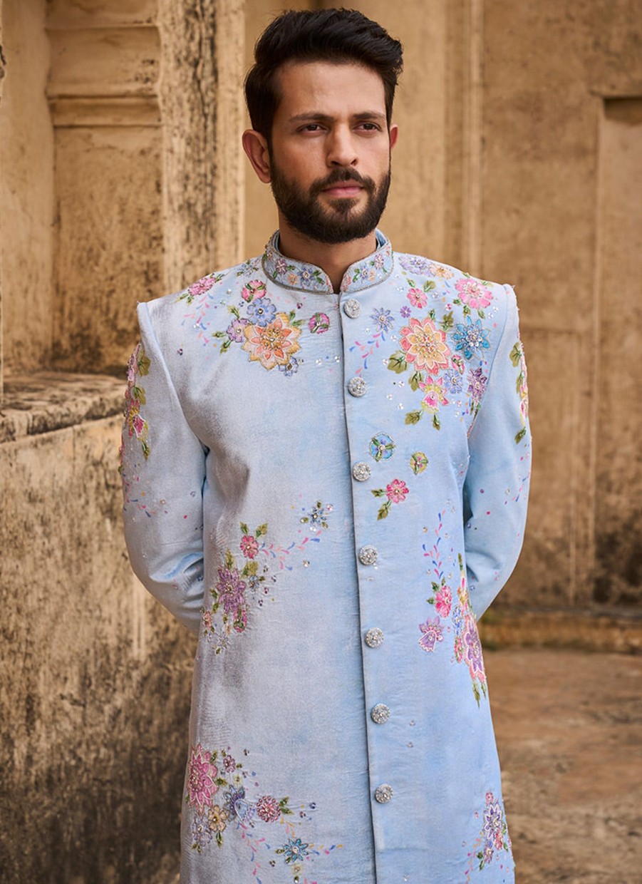 Men Lashkaraa | Light Blue Hand Embroidered Velvet Sherwani