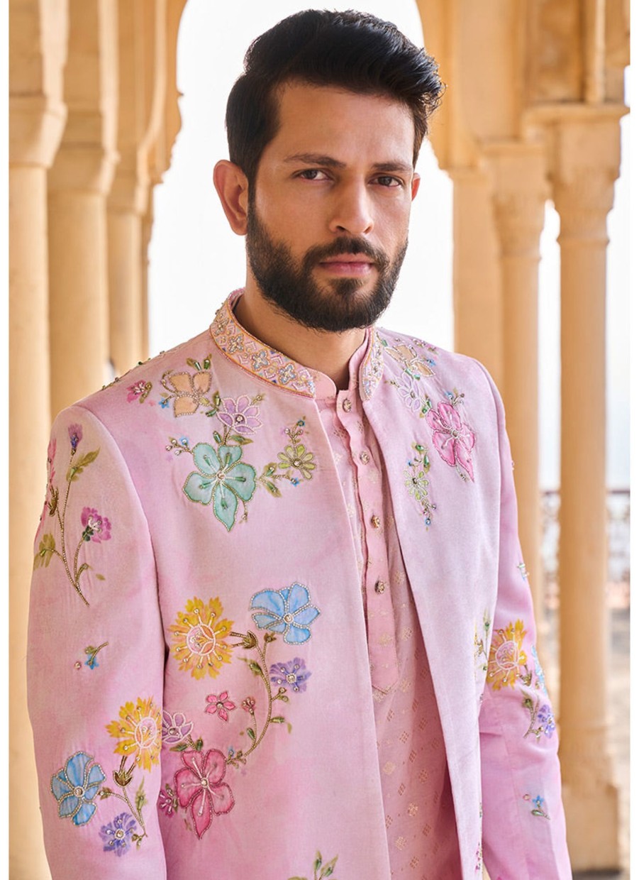 Men Lashkaraa | Light Pink Hand Embroidered Velvet Jodhpuri Set