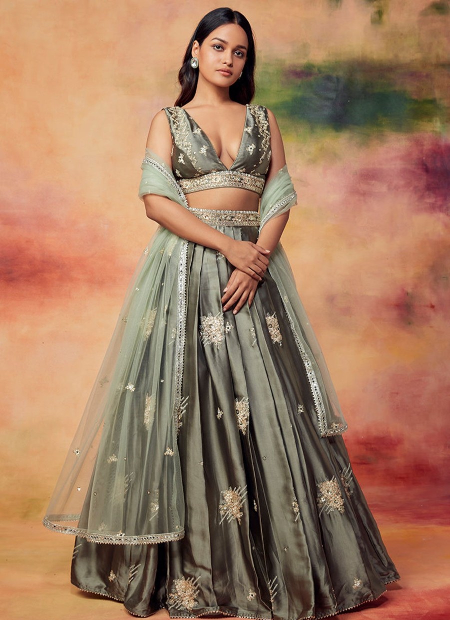 Women Lashkaraa | Dusty Olive Embroidered Satin Lehenga