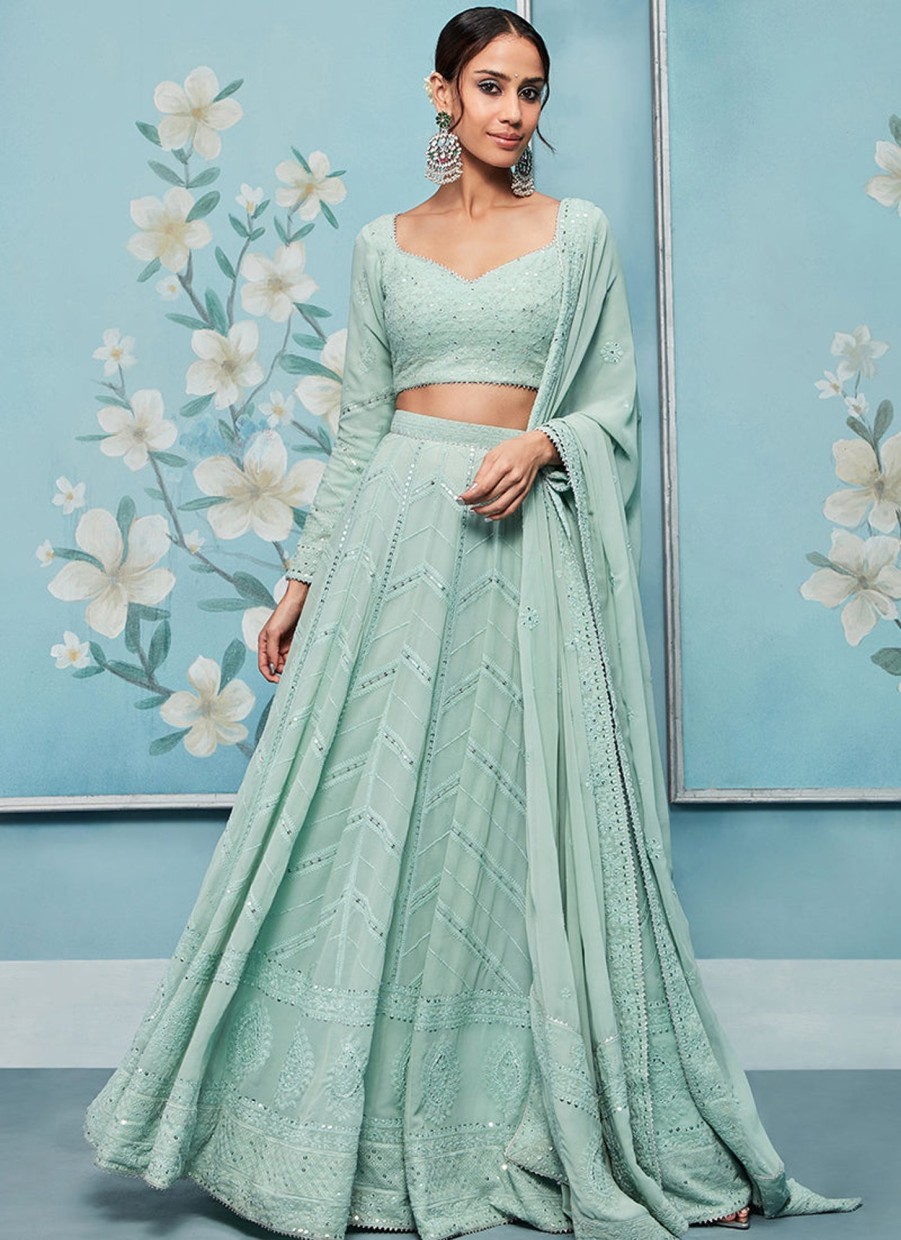 Women Lashkaraa | Dusty Mint Green Thread Embroidered Lehenga