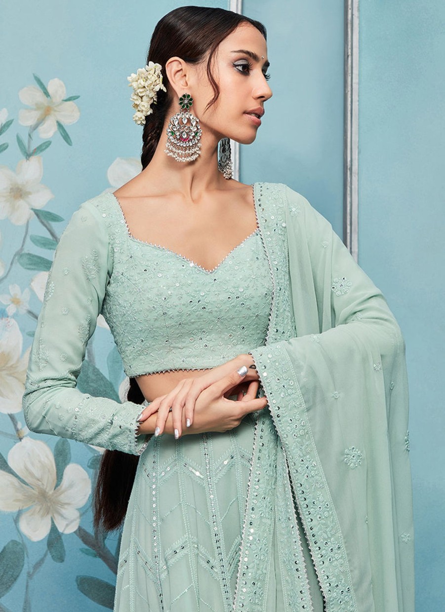 Women Lashkaraa | Dusty Mint Green Thread Embroidered Lehenga