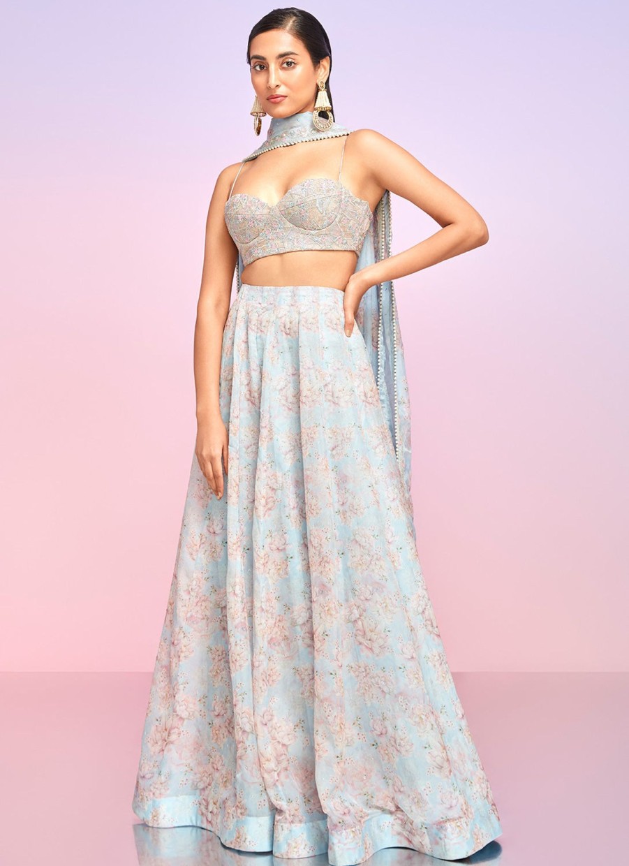 Women Lashkaraa | Dusty Blue Embellished Crop Sharara Suit