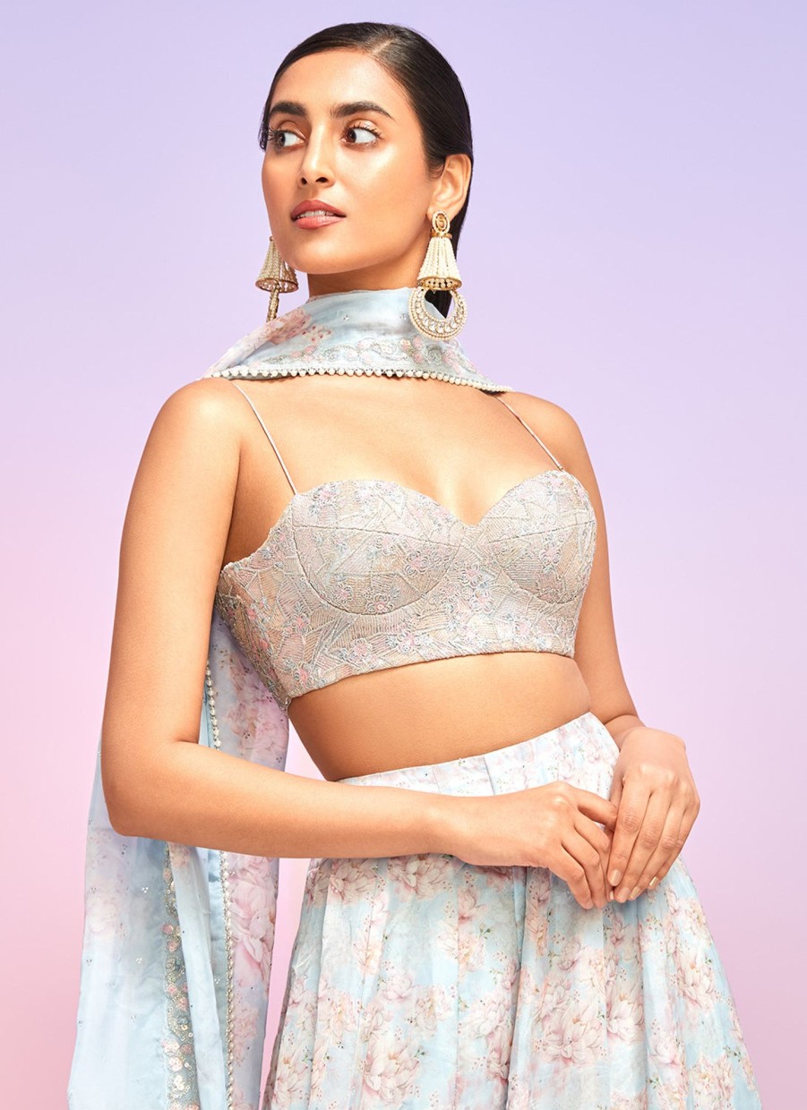 Women Lashkaraa | Dusty Blue Embellished Crop Sharara Suit