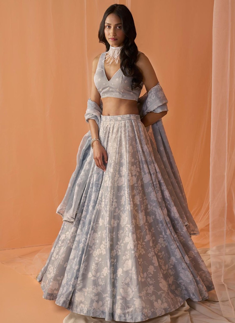 Women Lashkaraa | Light Grey White Floral Printed Lehenga