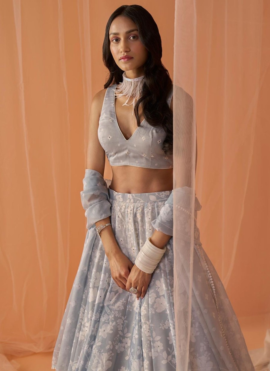 Women Lashkaraa | Light Grey White Floral Printed Lehenga