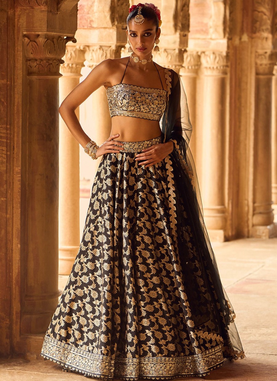 Women Lashkaraa | Black Embroidered Brocade Lehenga