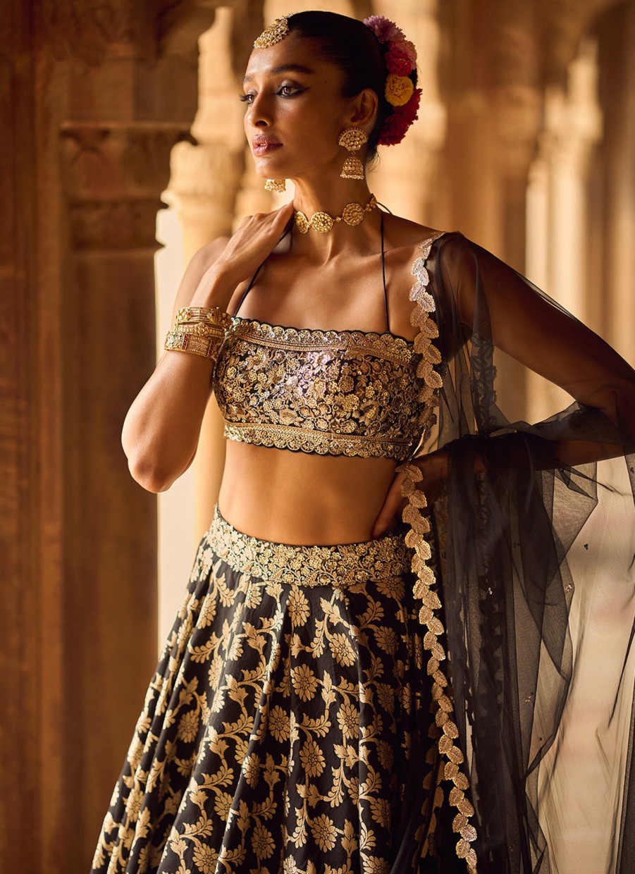 Women Lashkaraa | Black Embroidered Brocade Lehenga