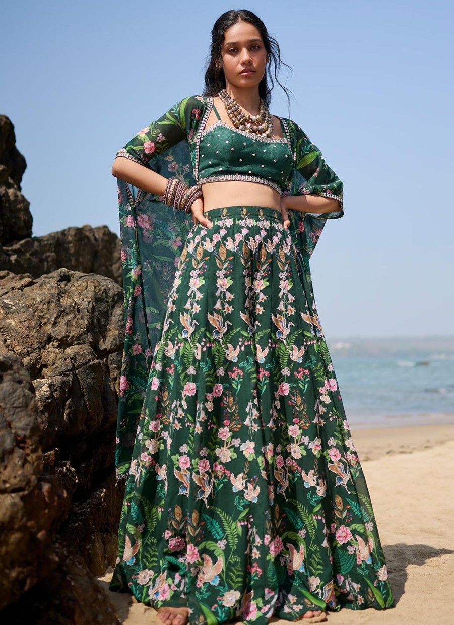 Women Lashkaraa | Bottle Green Floral Printed Crop Sharara Set