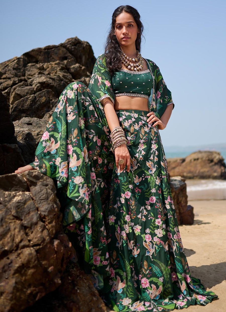 Women Lashkaraa | Bottle Green Floral Printed Crop Sharara Set