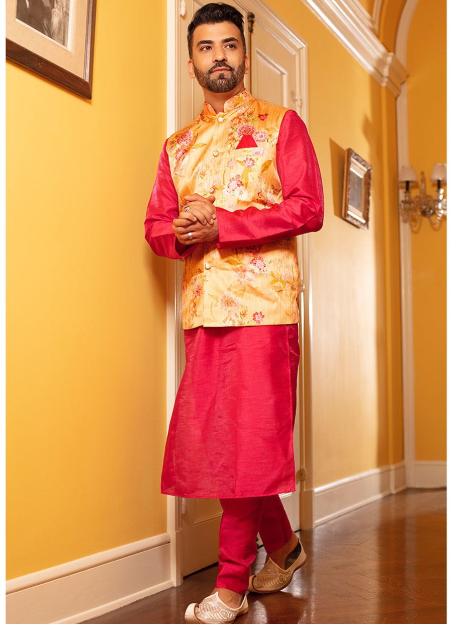 Men Lashkaraa | Hot Pink And Yellow Floral Nehru Jacket Set