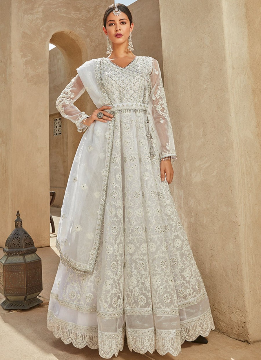 Women Lashkaraa | White Thread Embroidered Organza Anarkali