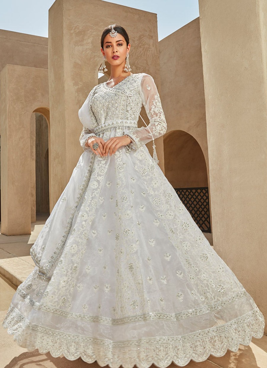 Women Lashkaraa | White Thread Embroidered Organza Anarkali