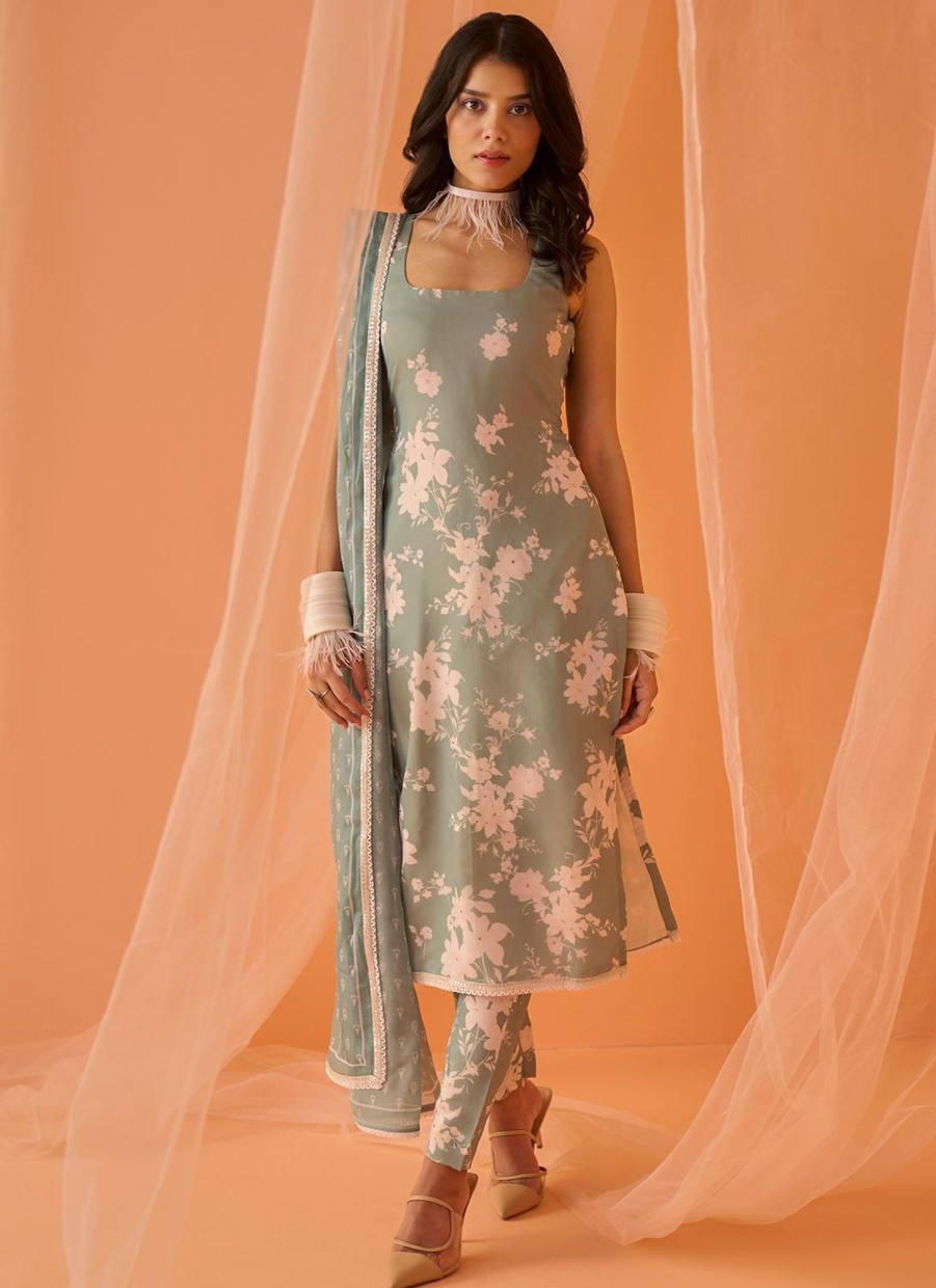 Women Lashkaraa | Dusty Green White Floral Printed Straight Suit