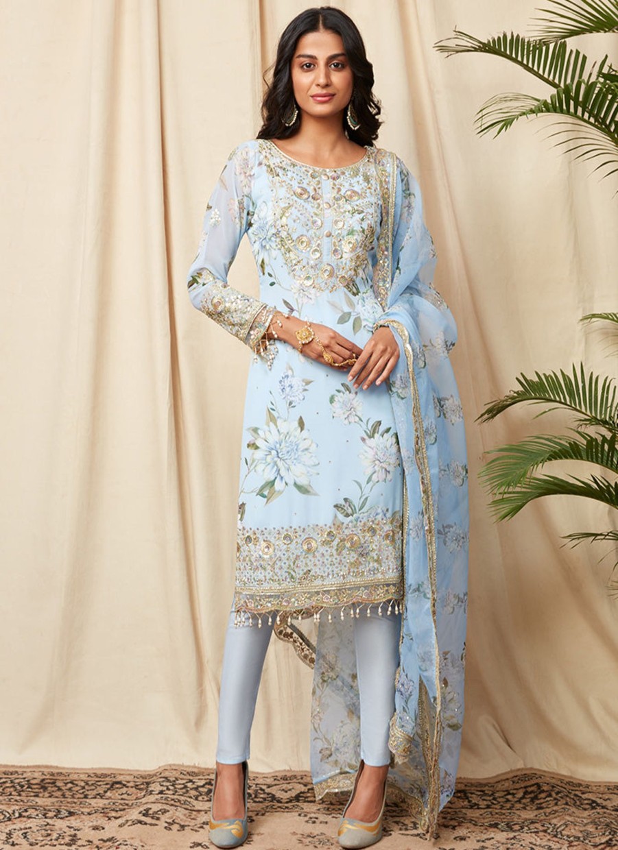 Women Lashkaraa | Light Blue Floral Georgette Suit