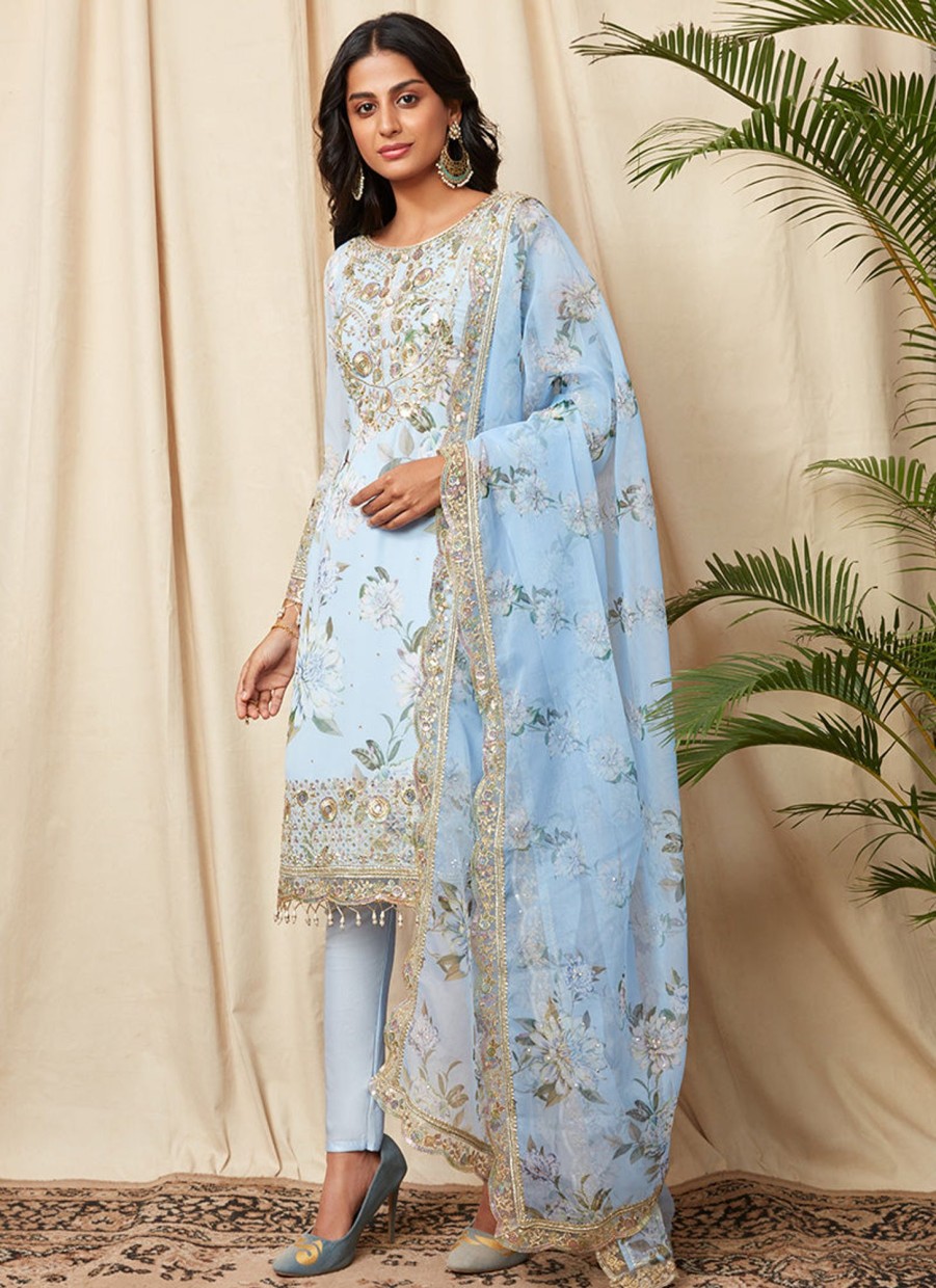 Women Lashkaraa | Light Blue Floral Georgette Suit