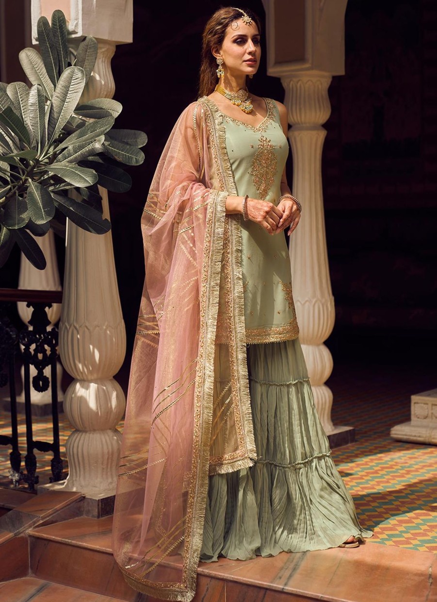 Women Lashkaraa | Light Green Embroidered Sharara Suit