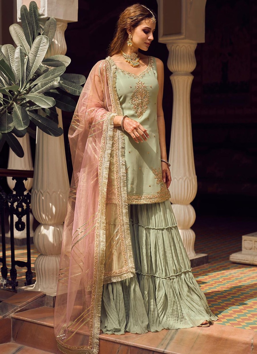 Women Lashkaraa | Light Green Embroidered Sharara Suit