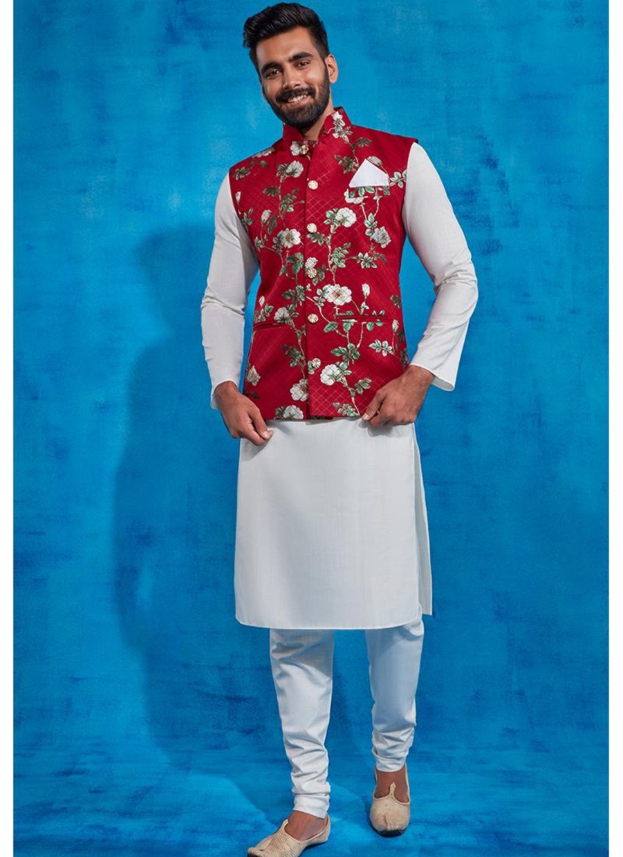 Men Lashkaraa | Maroon And Off White Nehru Jacket Set