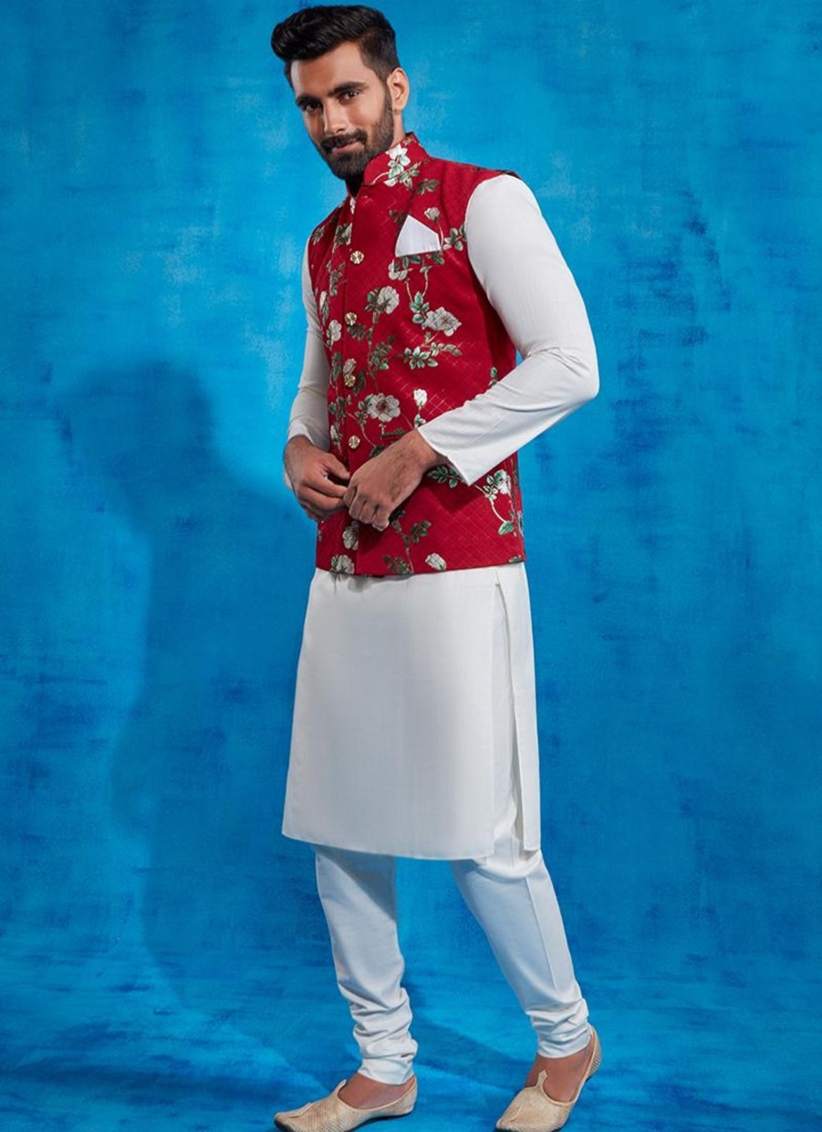 Men Lashkaraa | Maroon And Off White Nehru Jacket Set