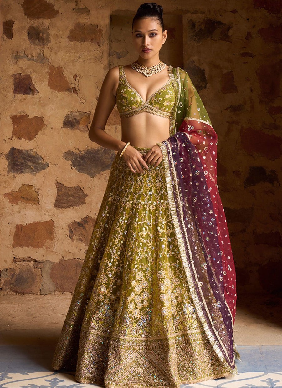 Women Lashkaraa | Mehendi Green Multicolor Net Lehenga