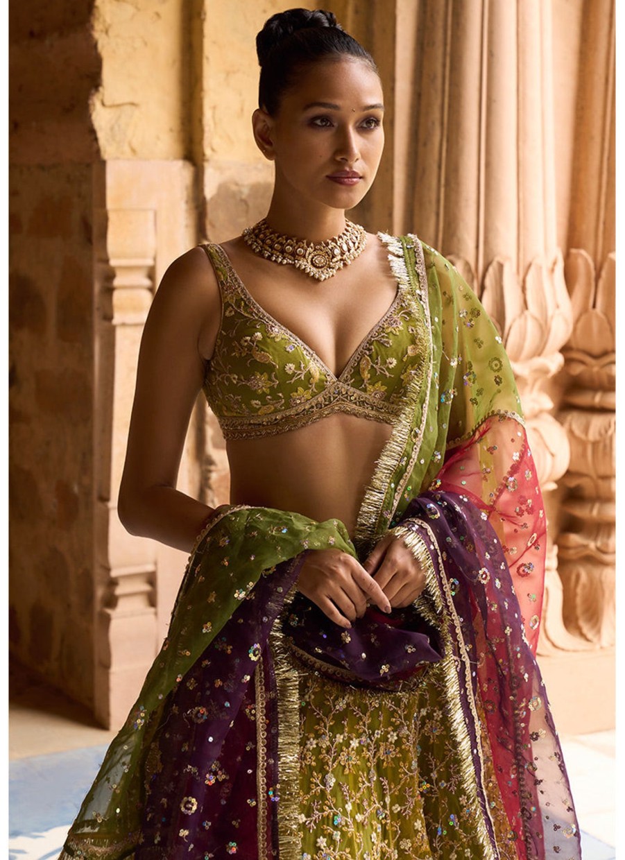 Women Lashkaraa | Mehendi Green Multicolor Net Lehenga