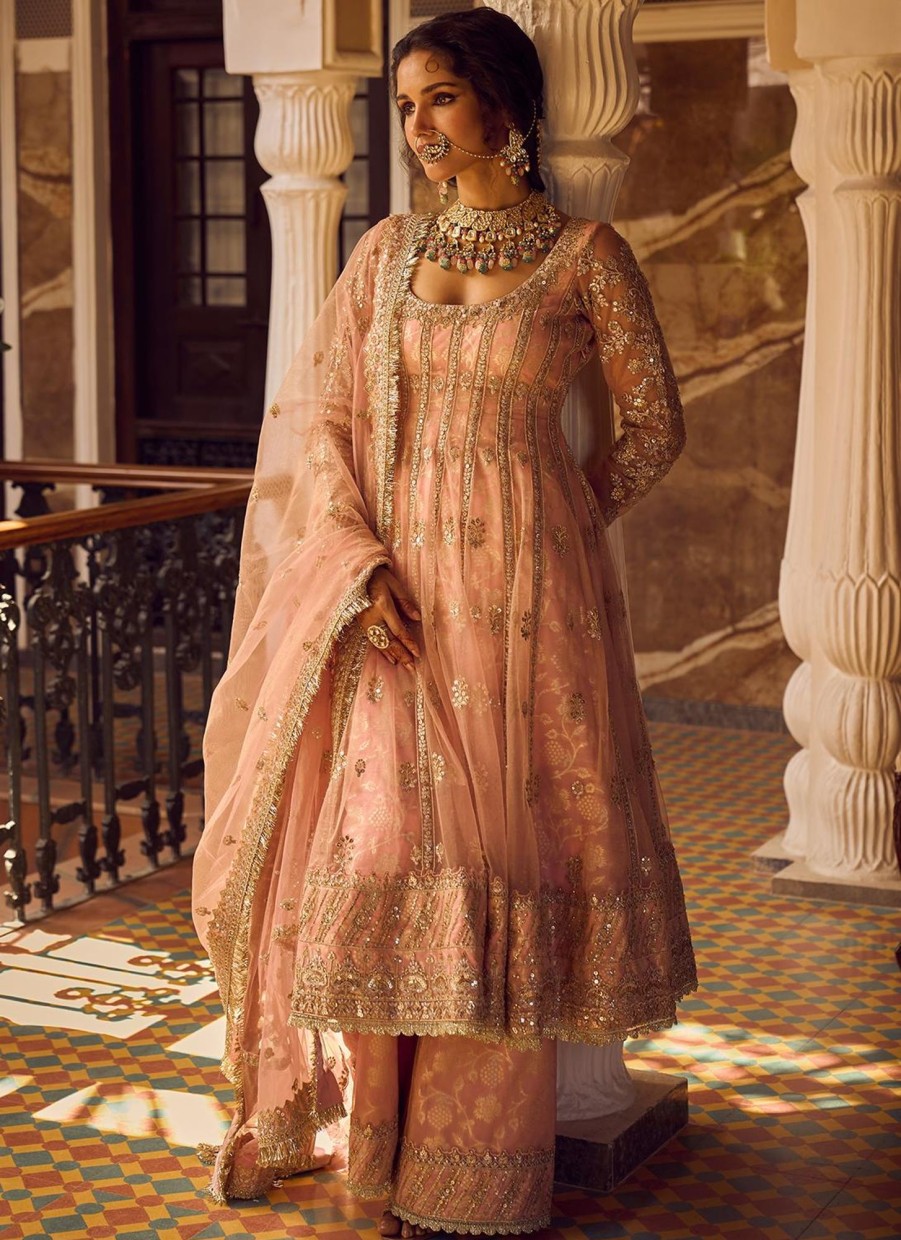 Women Lashkaraa | Light Pink Embroidered Anarkali Palazzo Set