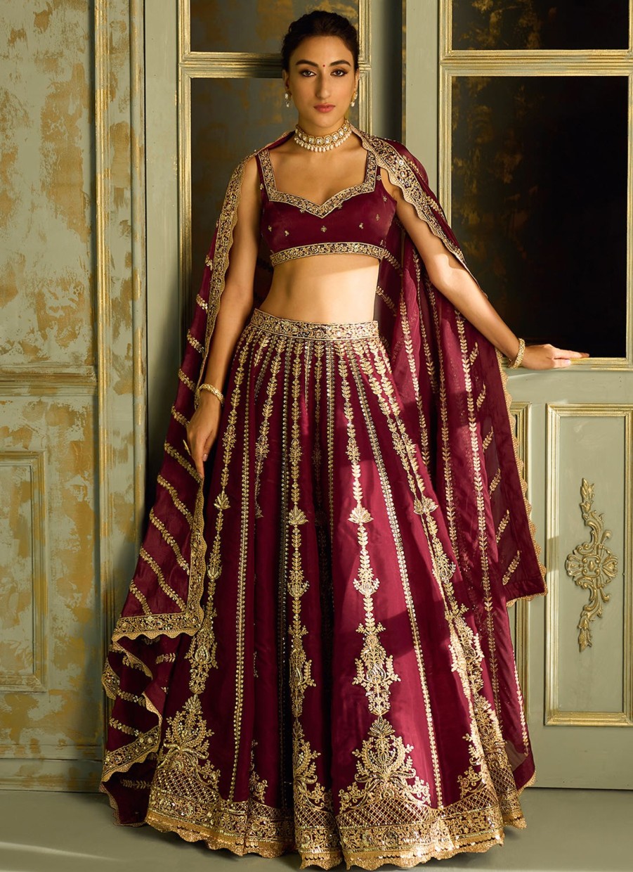 Women Lashkaraa | Deep Wine Embroidered Lehenga