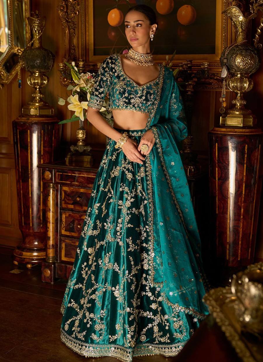 Women Lashkaraa | Teal Embroidered Velvet Lehenga