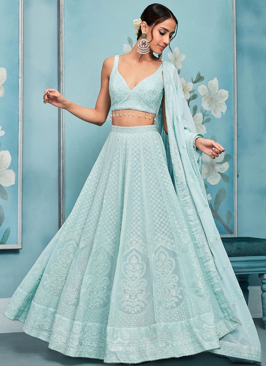 Women Lashkaraa | Sky Blue Thread Embroidered Lehenga