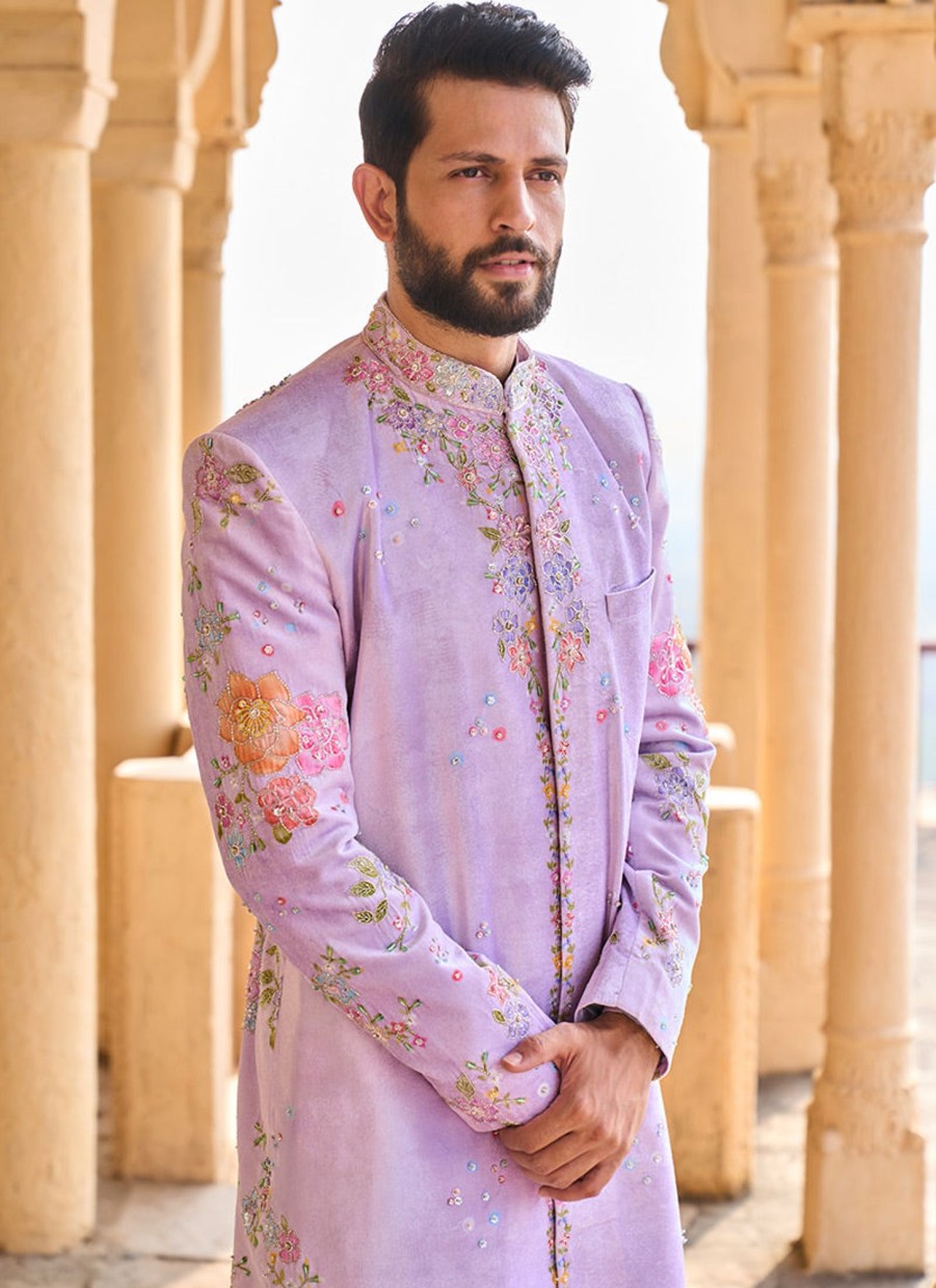 Men Lashkaraa | Lavender Hand Embroidered Velvet Sherwani