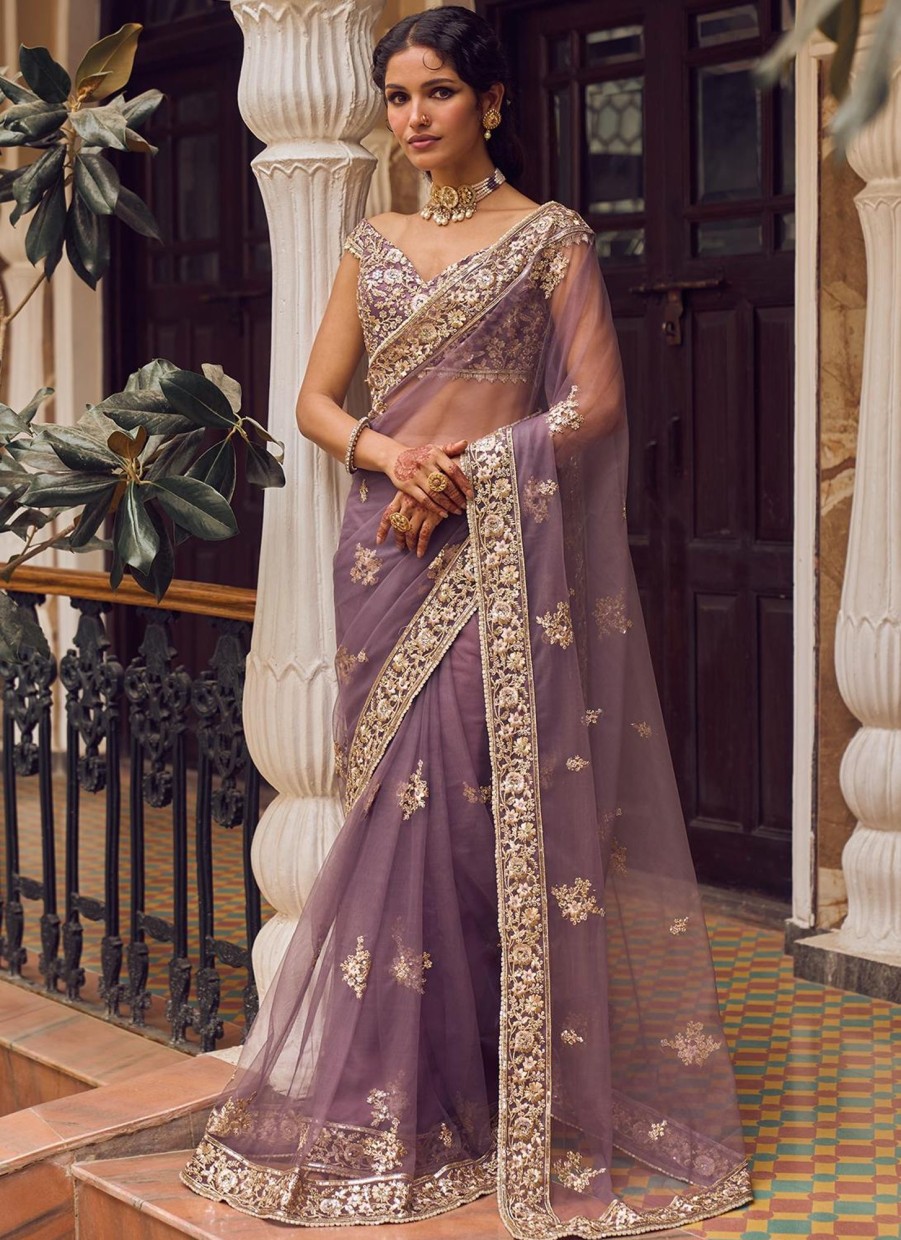 Women Lashkaraa | Dusty Purple Embroidered Saree