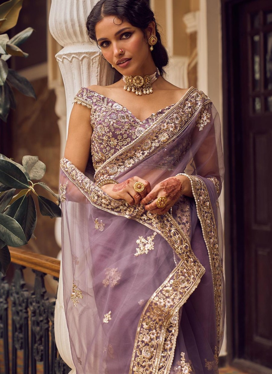 Women Lashkaraa | Dusty Purple Embroidered Saree