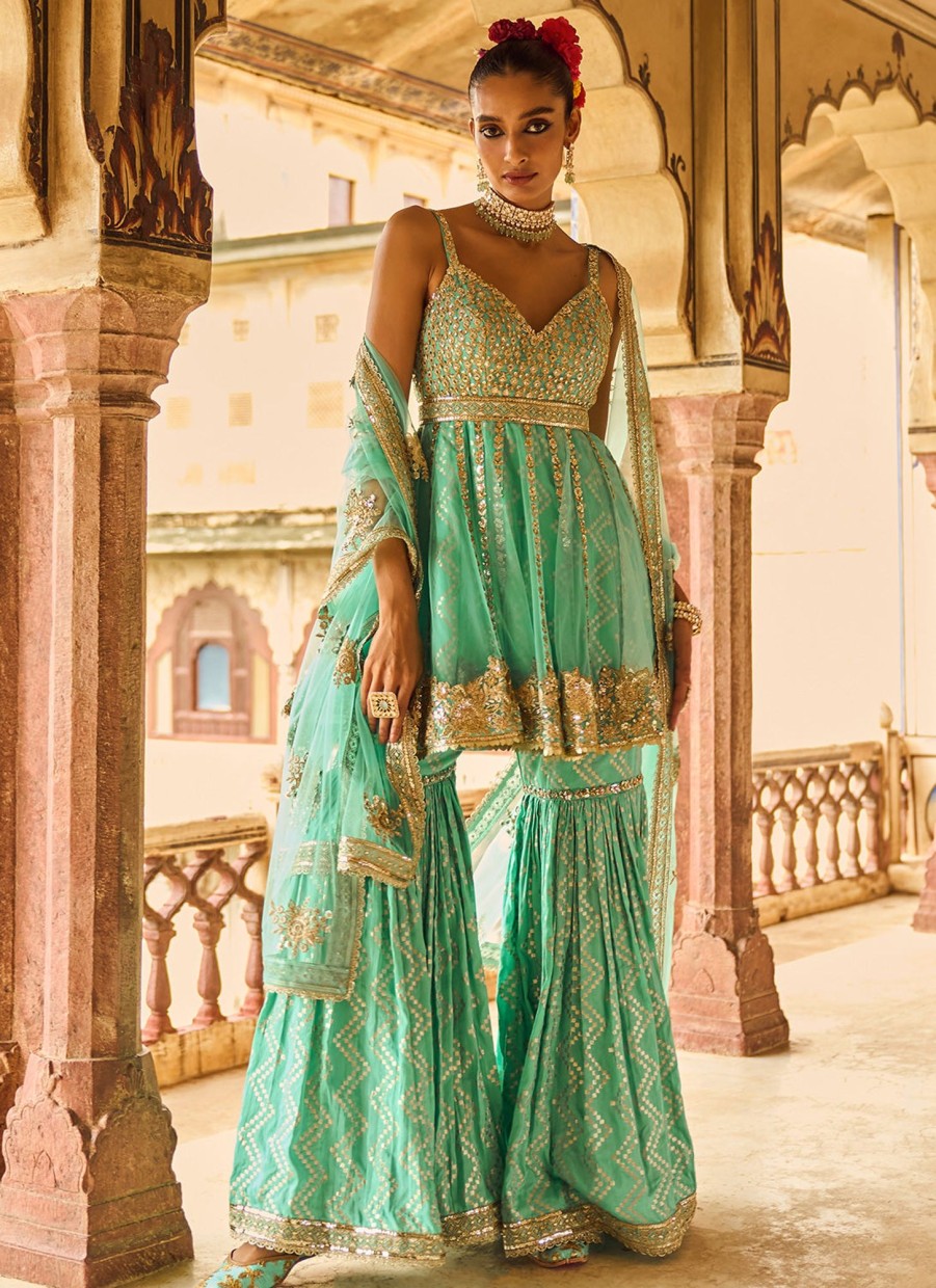 Women Lashkaraa | Mint Embroidered Peplum Style Gharara