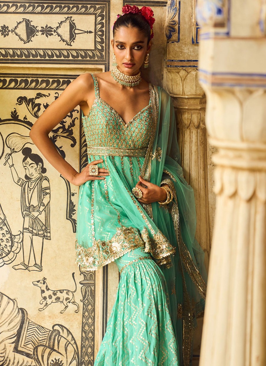 Women Lashkaraa | Mint Embroidered Peplum Style Gharara