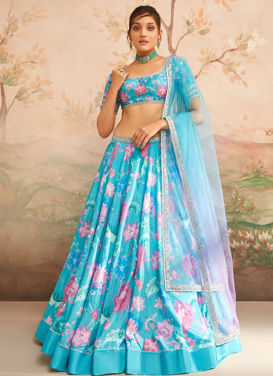 Women Lashkaraa | Sky Blue Floral Printed Lehenga