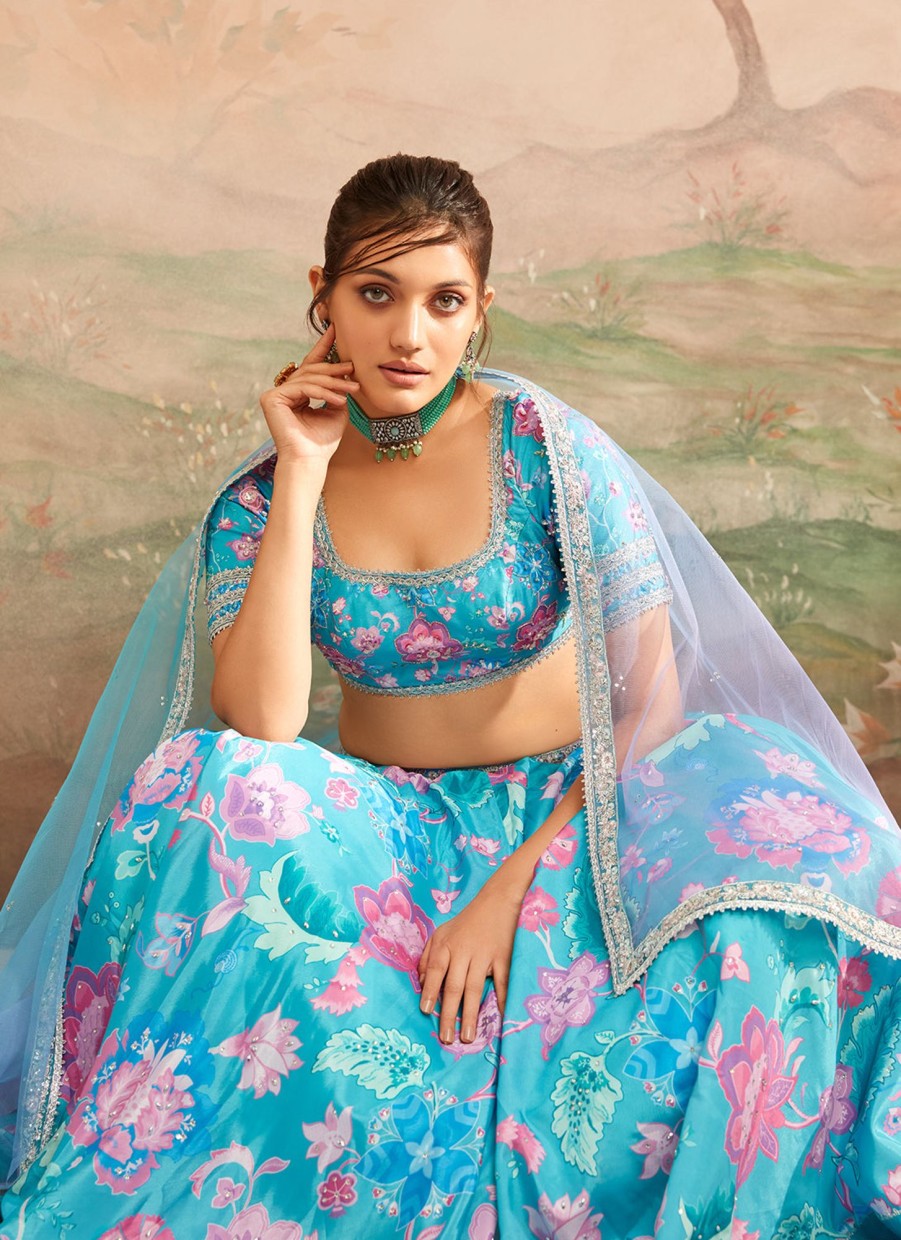 Women Lashkaraa | Sky Blue Floral Printed Lehenga