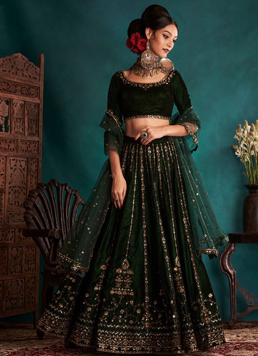 Women Lashkaraa | Bottle Green Embroidered Velvet Lehenga