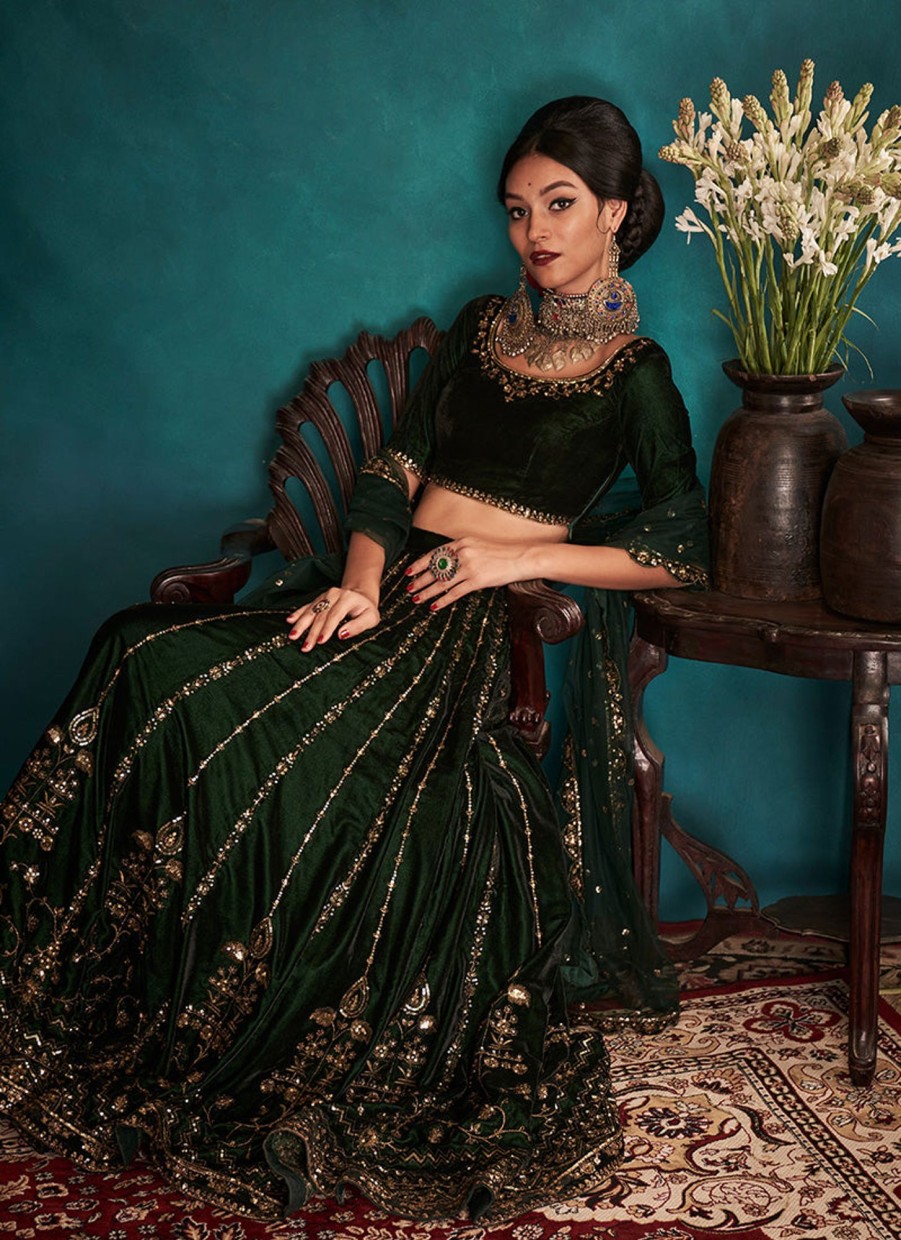 Women Lashkaraa | Bottle Green Embroidered Velvet Lehenga