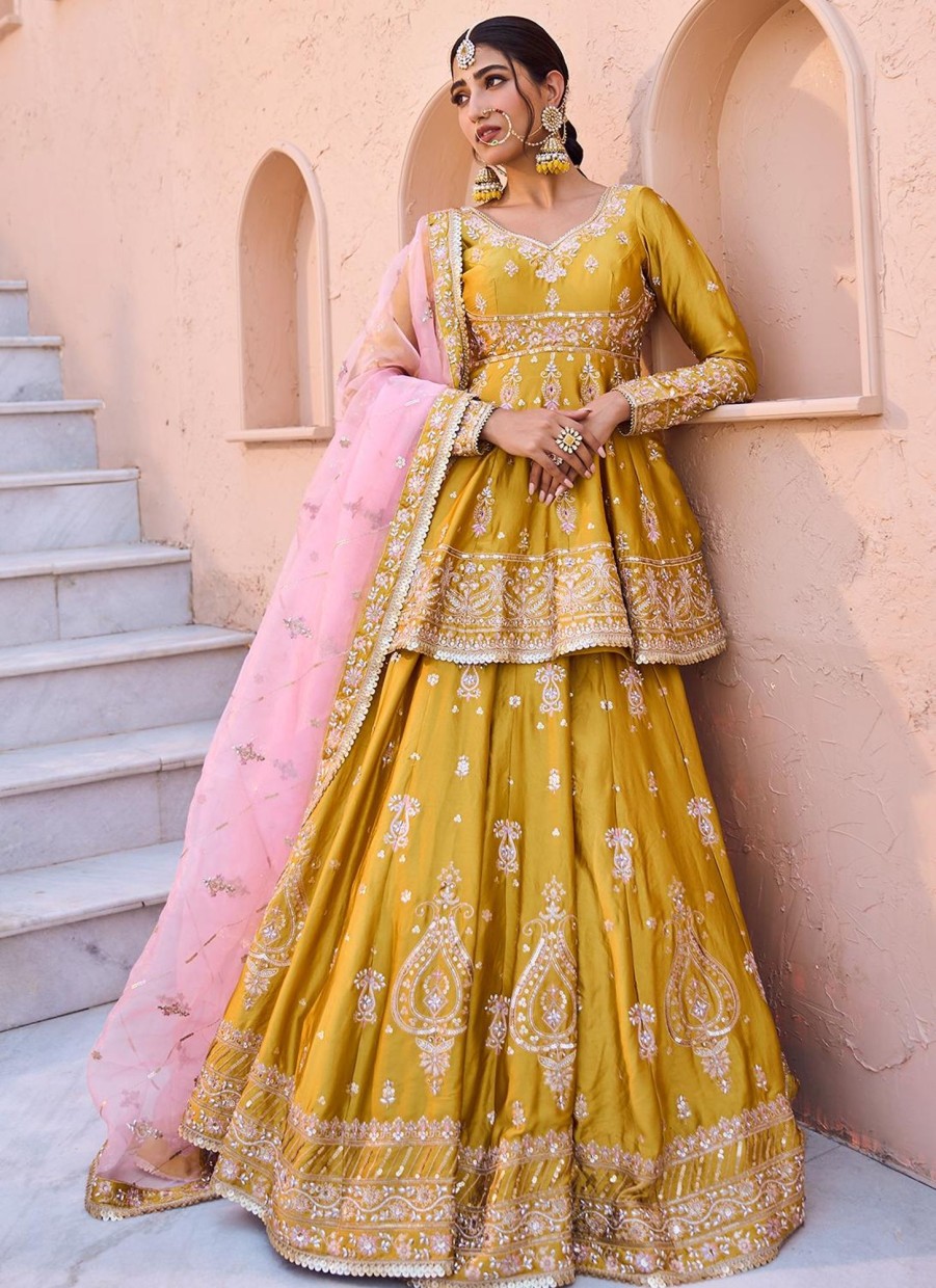 Women Lashkaraa | Yellow Embroidered Peplum Style Lehenga