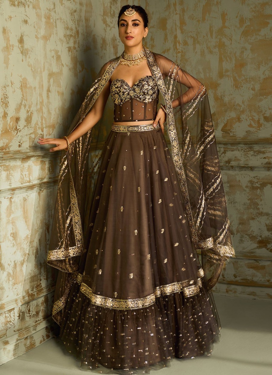 Women Lashkaraa | Dark Grey Embellished Corset Style Lehenga