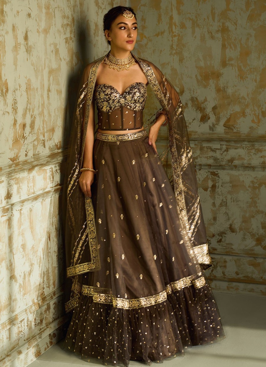 Women Lashkaraa | Dark Grey Embellished Corset Style Lehenga