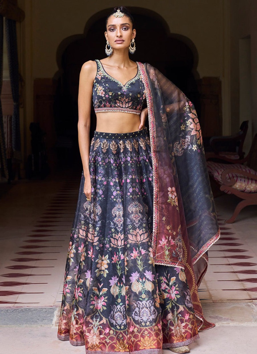 Women Lashkaraa | Black Printed Organza Lehenga